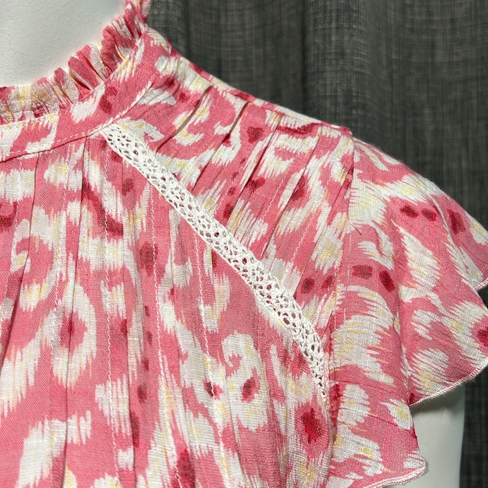 Nanette Lepore Pink and White Printed Flutter Sleeve Blouse - Picture 8 of 10